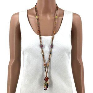Tassel Necklace Multi Strand Beaded Earth Tones Brown Red Gold Purple Green